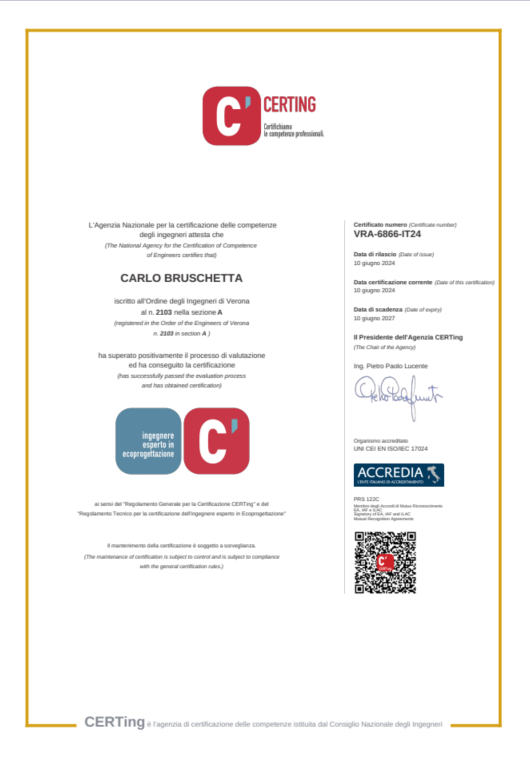 L’attestato della certificazione di “Ingegnere Esperto in Ecoprogettazione”